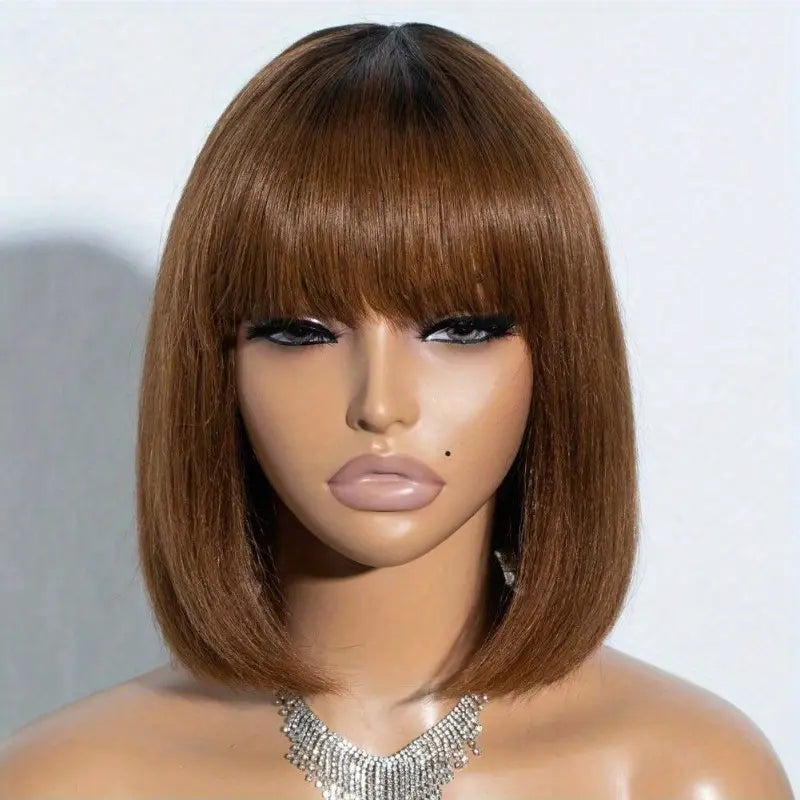 Machine-Made Rich Chocolate Brown Straight Human Hair Wig with Bangs
