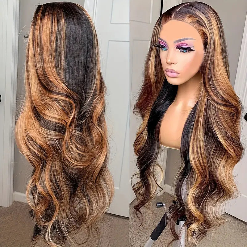 Women's Auburn Brown Highlight Glueless Lace Front Wig - Long Wavy Synthetic